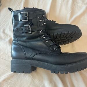 Black Leather Combat Boots with Buckles